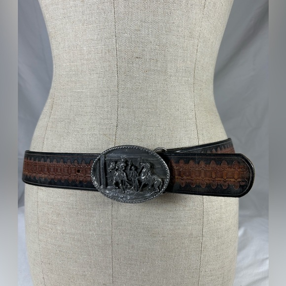 Vintage Bergamot Brass Works 1983 SALOON cowboys belt buckle and brown belt 34 - Picture 13 of 14
